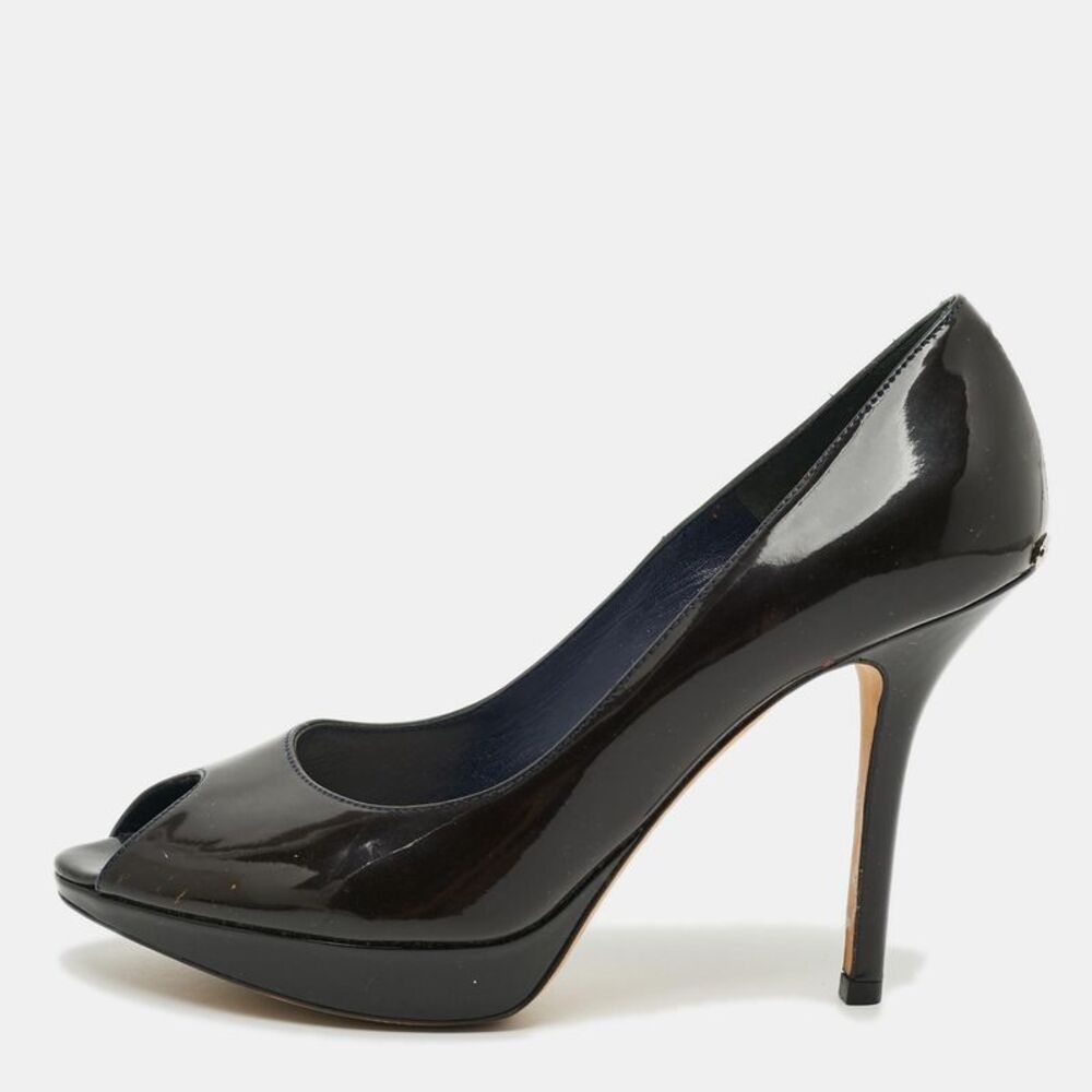 Dior Miss Dior Size 37.5 Brown Patent Leather Peep Toe Pumps